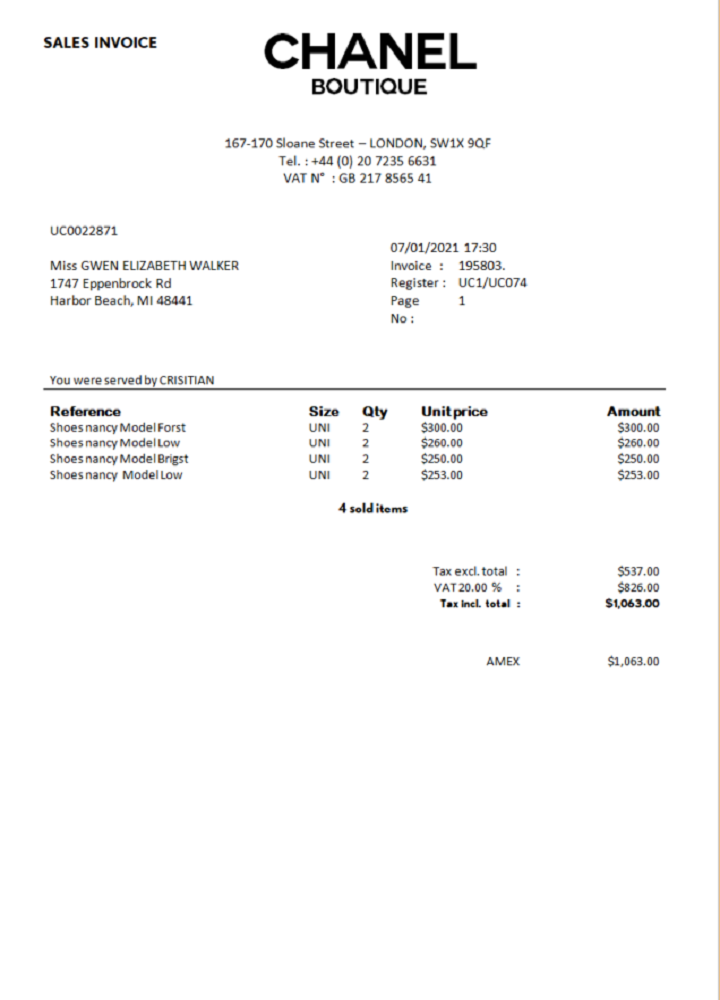 Sales Invoice Chanel Boutique PSD template